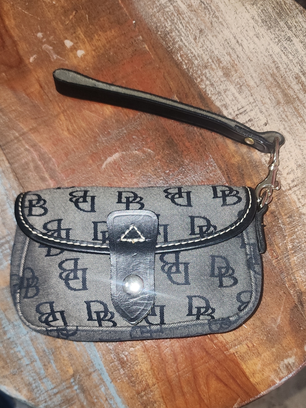 Dooney & Bourke Black Gray Canvas Leather Signature DB Print Wristlet Snap Pouch